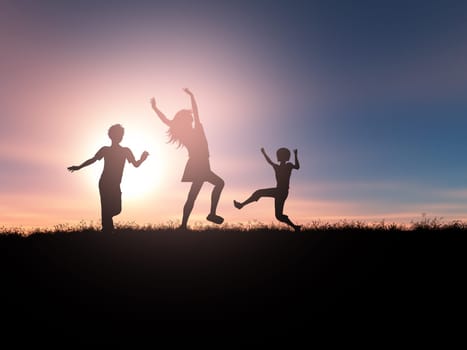 3D render of silhouettes of children playing in a sunset landscape