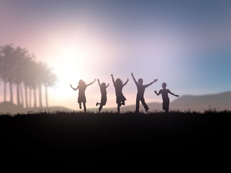3D render of silhouettes of children playing in a sunset landscape