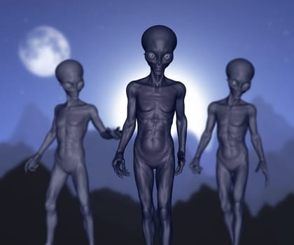 3D render of spooky aliens against mountain and moon landscape