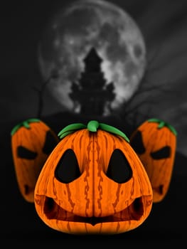 3D render of spooky pumpkins in haunted castle landscape