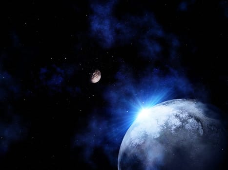 3D render of space scene with light shining from behind a fictional planet