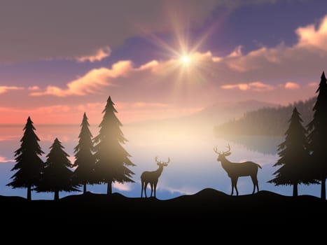 3D render of silhouettes of deer against a sunset ocean landscape