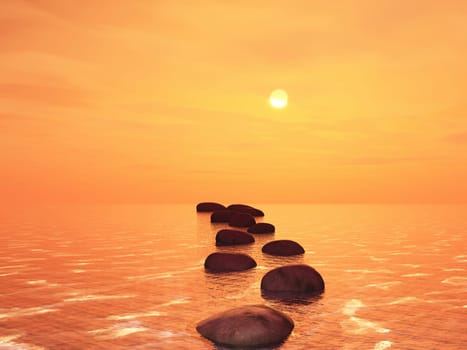 3D render of stepping stones in an ocean against a sunset sky