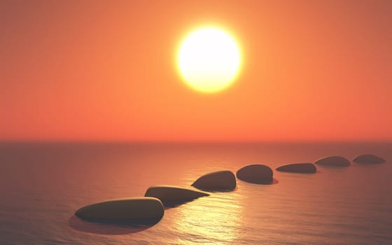 3D render of stepping stones in ocean against a sunset sky