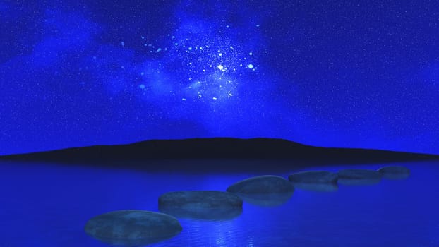 3D render of stepping stones in ocean against night sky