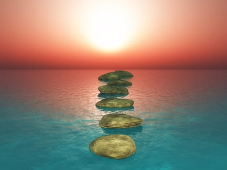 3D render of stepping stones in a sunset ocean