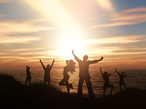 3D render of silhouettes of people dancing against a sunset ocean landscape