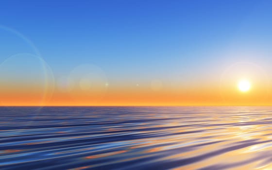 3D render of the sun setting over the ocean