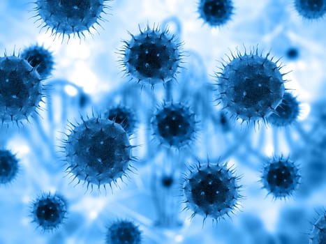 3D render of virus cells on a defocussed medical background