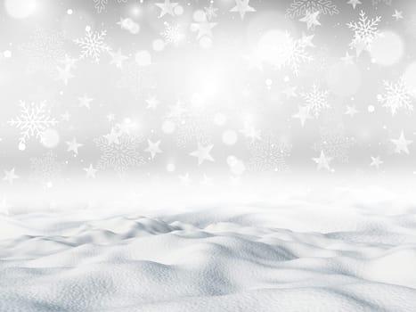 3D render of snow on a snowflakes and stars Christmas background