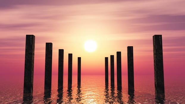 3D render of wooden posts in the ocean against a sunset sky