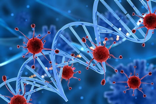 3D render of virus cells attacking a DNA strand
