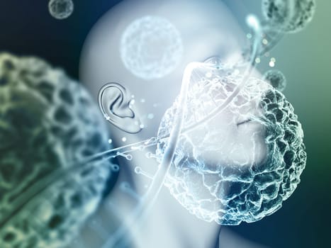 3d render of a medical background with male head over close up of virus cells and DNA strand