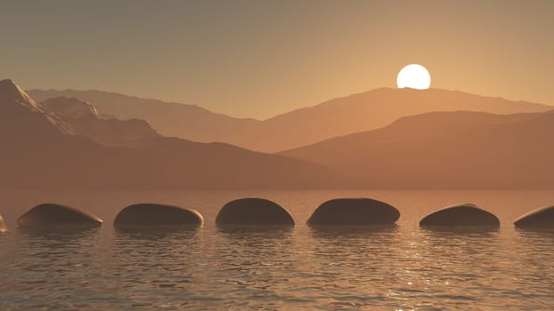 3D render of stepping stones in the ocean against a sunset mountain landscape