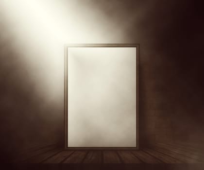 3d render of a mock up of a blank picture on a wooden table against a brick wall