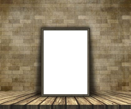 3d render of a mock up of a blank picture on a wooden table against a brick wall