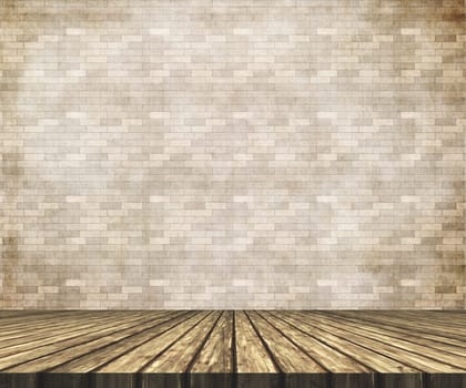 3d render of a wooden table against a brick wall