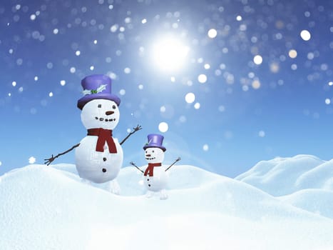 3d render of a snowmen in snowy landscape