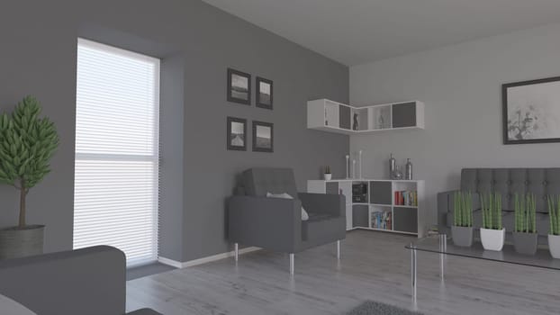 Render of 3D contemporary Living Room Interior and modern furniture