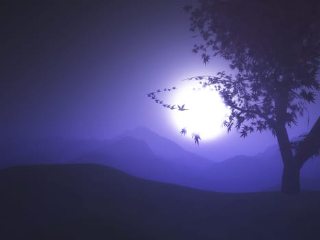3d render of a purple sunset landscape with birds flying in the sky