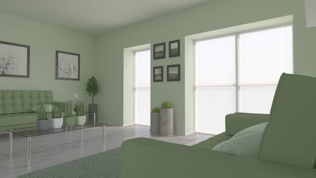 Render of 3D contemporary Living Room Interior and modern furniture