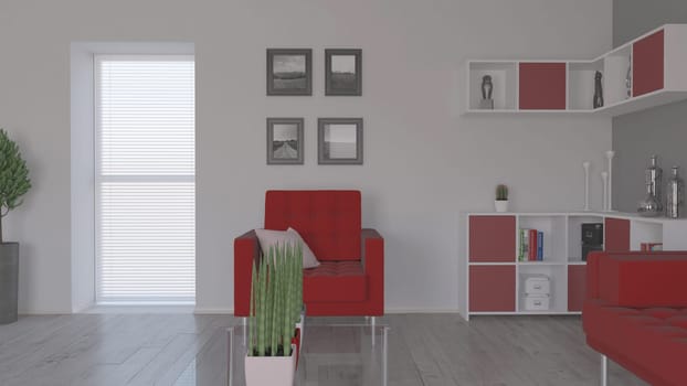 Render of 3D contemporary Living Room Interior and modern furniture