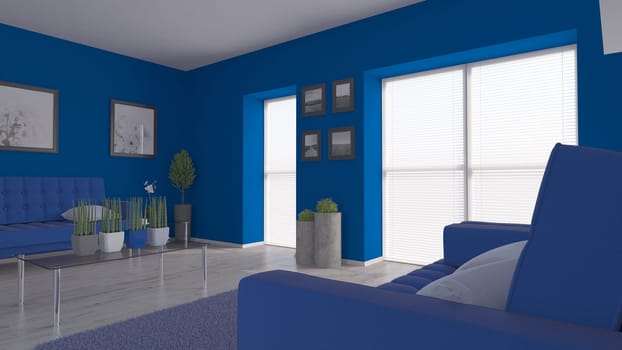 Render of 3D contemporary Living Room Interior and modern furniture