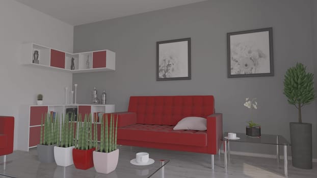 Render of 3D contemporary Living Room Interior and modern furniture