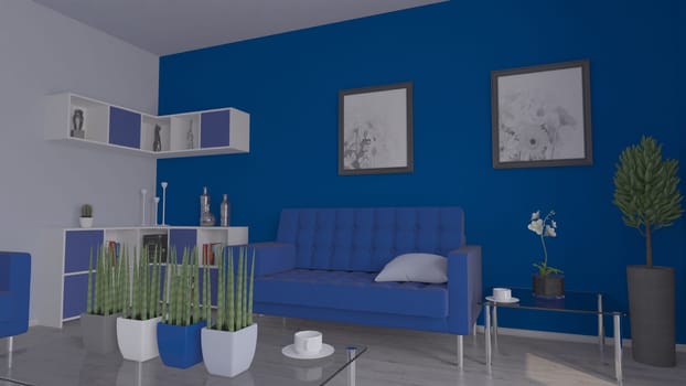Render of 3D contemporary Living Room Interior and modern furniture