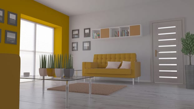 Render of 3D contemporary Living Room Interior and modern furniture