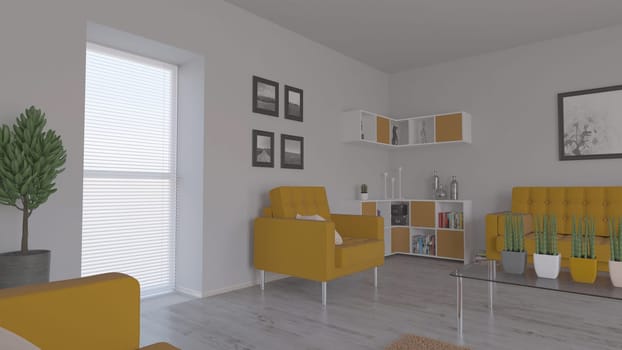 Render of 3D contemporary Living Room Interior and modern furniture