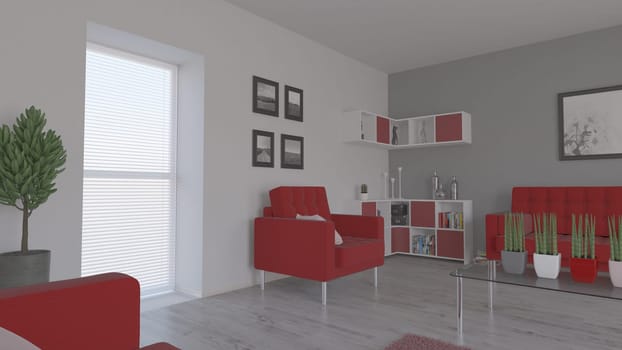 Render of 3D contemporary Living Room Interior and modern furniture