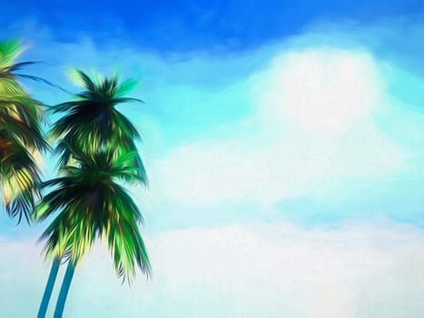 Abstract stylised painted background of palm trees against a blue sky