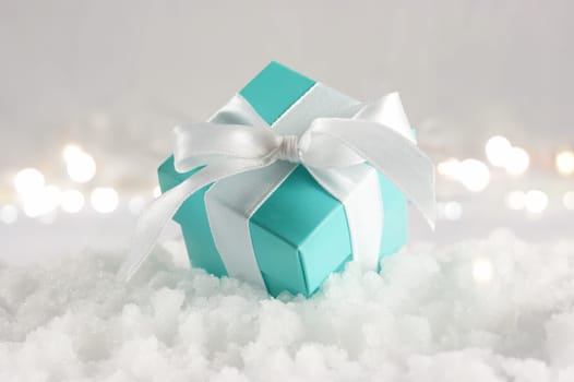 Blue Christmas gift nestled in snow