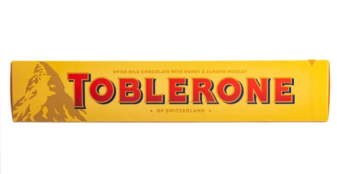 Huettenberg, Germany 2021_August_05: Toblerone Bars Swiss Milk Chocolate with Honey and Almond Nougat of Switzerland, on white background.