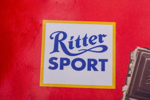 HUETTENBERG, GERMANY - 2021-07-24, RITTER SPORT CHOCOLATE LOGO in Detail. RITTER SPORT chocolate with marzipan filling. RITTER SPORT is German chocolate brand founded in 1912.
