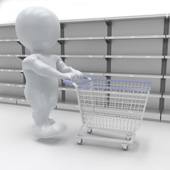 3d render of 3D Morph Man Panic Buying at supermarket
