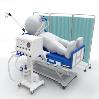 3d render of 3D Morph Man on hospital bed with respirator