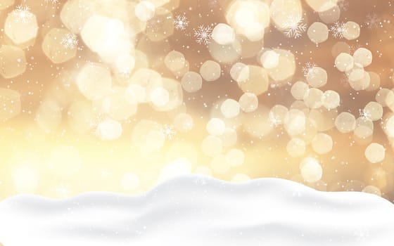 Christmas background with gold bokeh lights and snow