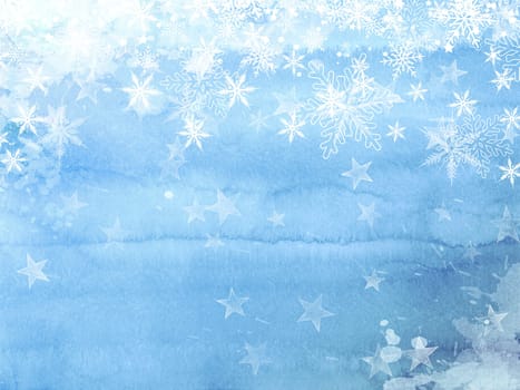 Christmas background of snowflakes and stars on a watercolour textue