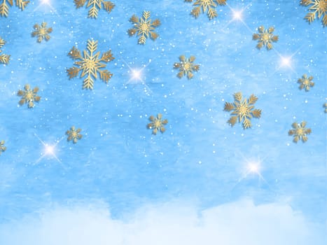 Christmas background with gold snowflakes on a watercolour texture