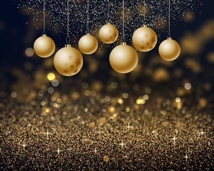 Christmas background with gold sparkling glitter and hanging baubles