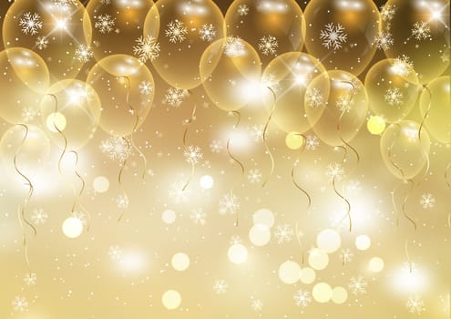 Christmas background with balloons, bokeh lights and snowflakes