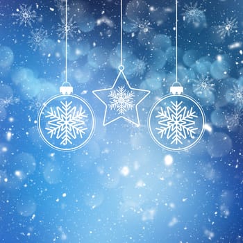 Christmas background with hanging baubles on snowflakes and stars