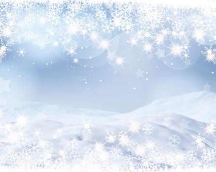 Christmas background with snowflakes, stars and bokeh lights