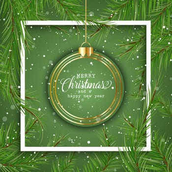 Christmas background with hanging baubles in pine tree branches