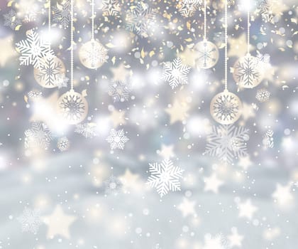 Christmas background with snowflakes, baubles and confetti