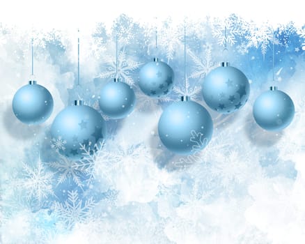 Christmas background with snowflakes and baubles on a watercolour texture