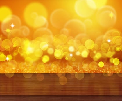 Christmas background with wood table against bokeh lights design