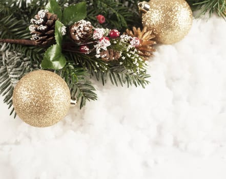 Christmas decorations nestled in snow